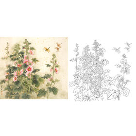 梁燕生工笔花鸟白描底稿-斗方小品册页-A484