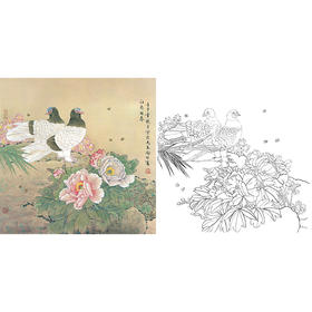 工笔花鸟白描底稿-喻继高-鸽子牡丹-斗方小品册页-A492