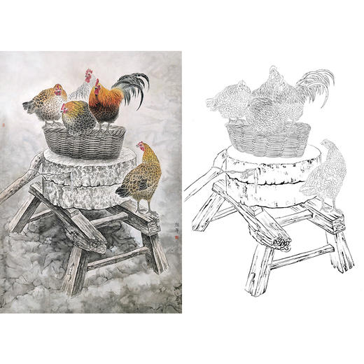 竖幅工笔动物白描底稿-公鸡-A527 商品图0