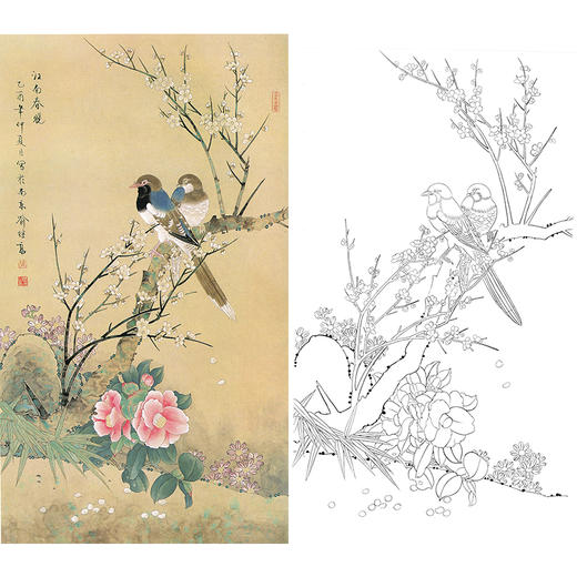 竖幅工笔花鸟白描底稿-喻继高-梅花山茶花-江南春晓-A532 商品图0