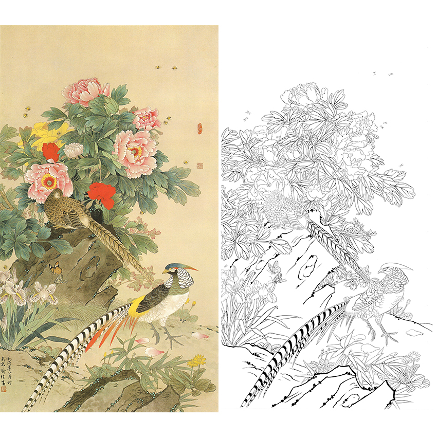 竖幅工笔花鸟白描底稿-喻继高-牡丹锦鸡银雏-A534