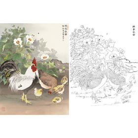 工笔花鸟白描底稿-张克齐-田园公鸡-阖家欢乐-斗方小品册页-A521