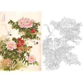 竖幅梁燕生工笔花鸟白描底稿-牡丹《富贵春长在》-多种白描尺寸可选-A543