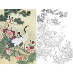 竖幅工笔花鸟白描底稿-金鸿钧牡丹仙鹤-A539