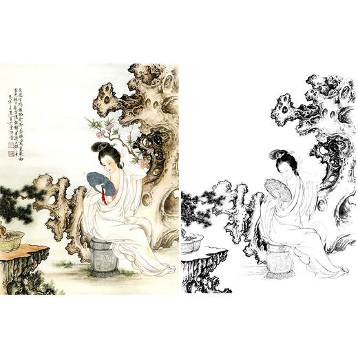 工笔传统仕女人物白描底稿《杏花神杨玉环》-斗方小品册页-多种白描尺寸可选-B071 商品图0