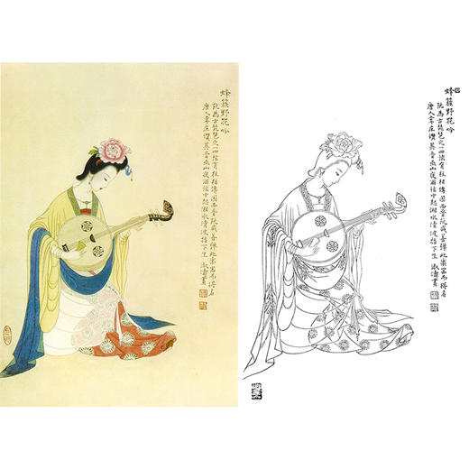 杨淑涛工笔传统仕女人物白描底稿-古乐仕女图-斗方小品册页-B062 商品图0