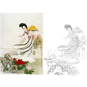 杨淑涛竖幅工笔传统仕女人物白描底稿《国色天香》-多种白描尺寸可选-B044