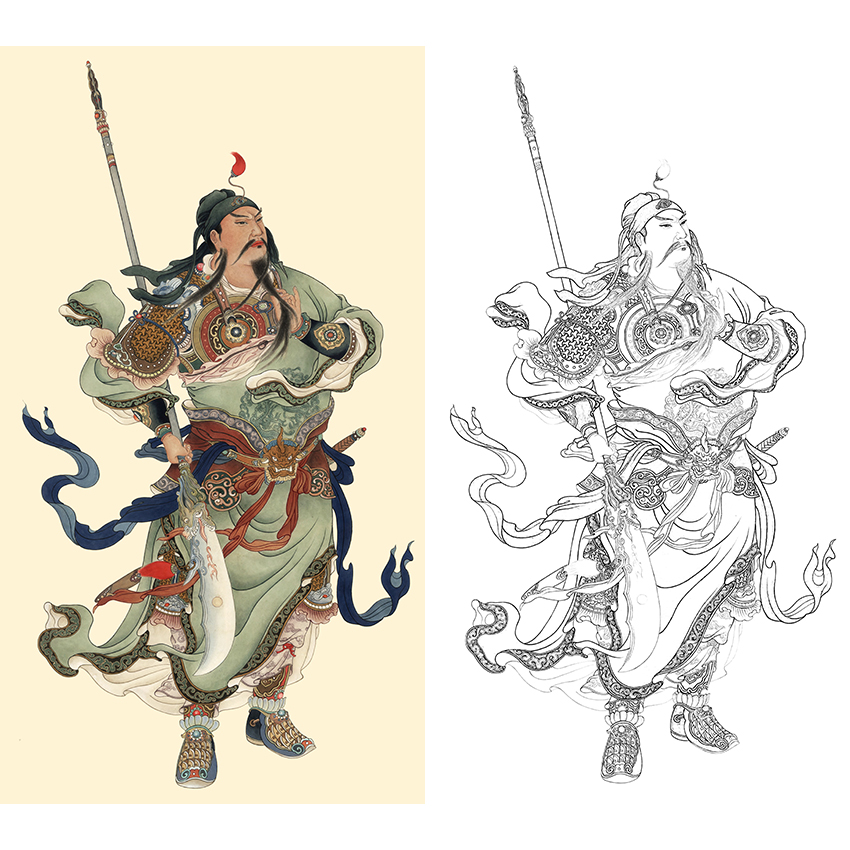 竖幅工笔传统人物白描底稿-关公-关羽-B099