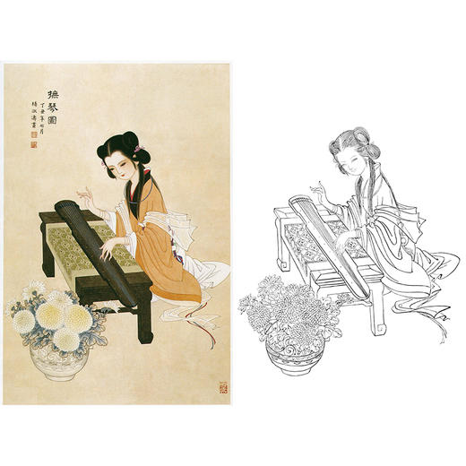 杨淑涛竖幅工笔传统仕女人物白描底稿《抚琴图》-多种白描尺寸可选-B053 商品图0
