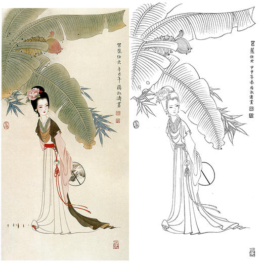 竖幅工笔传统仕女人物白描底稿-杨淑涛-芭蕉仕女-B050 商品图0