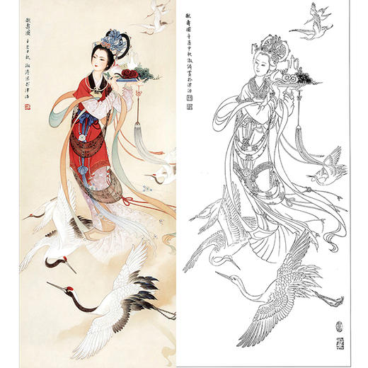 竖幅工笔传统人物白描底稿-杨淑涛飞天仕女仙鹤《献寿图》-多种白描尺寸可选-B051 商品图0