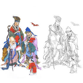 竖幅工笔传统人物白描底稿-《福寿禄三星图》-多种白描尺寸可选-B125
