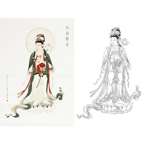 竖幅工笔人物白描底稿-持莲观音佛像菩萨-B082