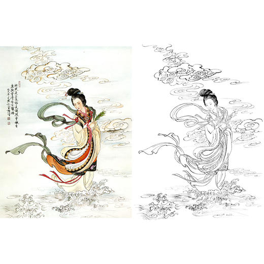 工笔传统飞天仕女人物白描底稿《水仙花神洛神》-斗方小品册页-多种白描尺寸可选-B072 商品图0