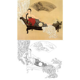 王美芳工笔现代仕女人物白描底稿《夏》-斗方小品册页-多种白描尺寸可选-B141