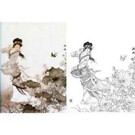 项维仁工笔传统仕女人物白描底稿《西施浣纱》-斗方小品册页-多种白描尺寸可选-B073