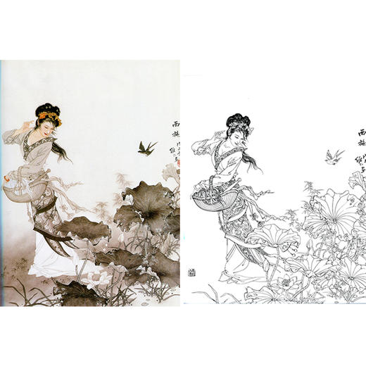 项维仁工笔传统仕女人物白描底稿《西施浣纱》-斗方小品册页-多种白描尺寸可选-B073 商品图0