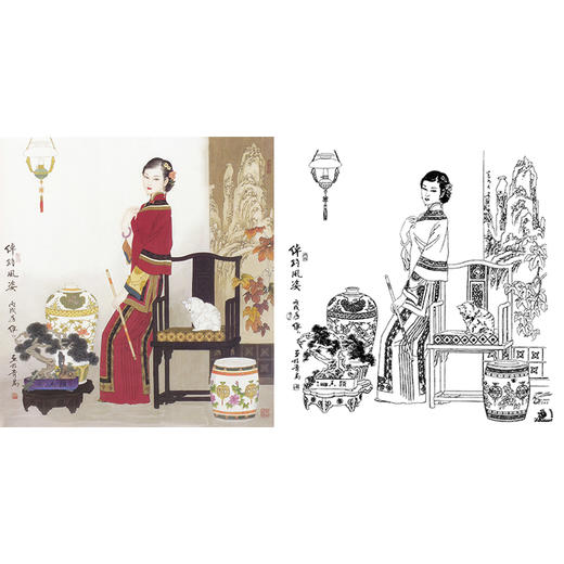 项维仁工笔现代仕女人物白描底稿《绰约风姿》-斗方小品册页-多种白描尺寸可选-B075 商品图0