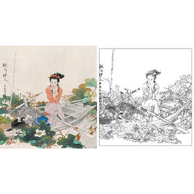 项维仁工笔传统仕女人物白描底稿-荷花-斗方小品册页-B041