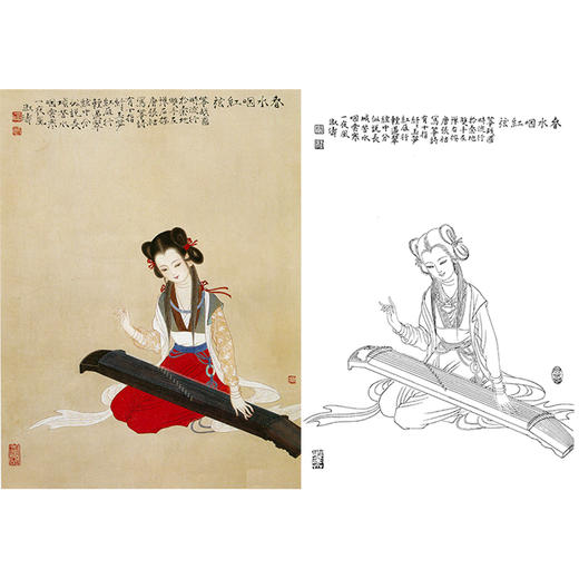 杨淑涛工笔传统仕女人物白描底稿-古乐仕女图-斗方小品册页-B057 商品图0