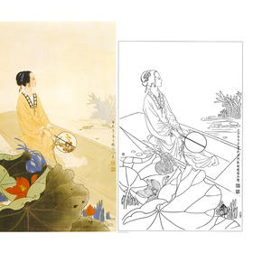 杨淑涛竖幅工笔传统仕女人物白描底稿《听笛遥寻岸》-多种白描尺寸可选-B043