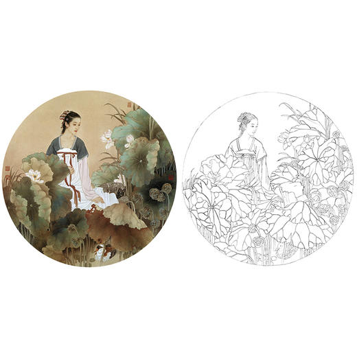 王美芳工笔传统仕女人物白描底稿圆光之二圆面小品多种白描尺寸可选
