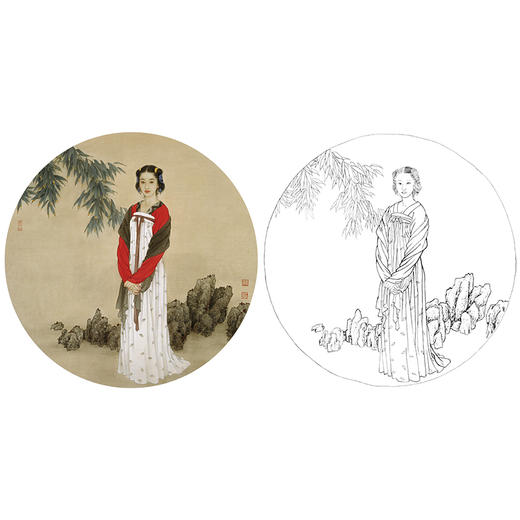 王美芳工笔传统仕女人物白描底稿圆光之一圆面小品多种白描尺寸可选b