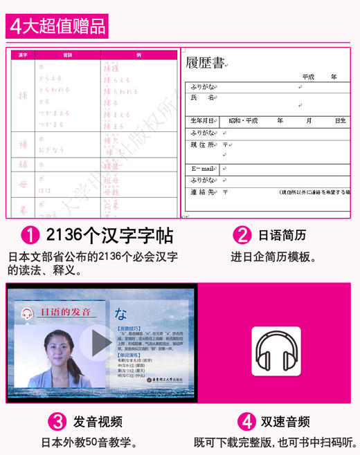 日语手写体速成字帖（附赠电子版2136个常用汉字手写体习字帖）日语五十音图 假名汉字练字 临摹 零基础自学单词词汇 商品图1