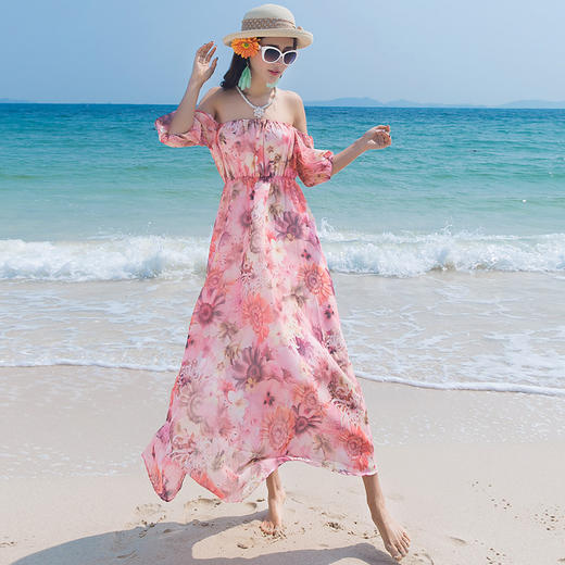 （连衣裙）。夏波西米亚一字领印花露肩收腰沙滩长裙海边度假连衣裙 商品图2
