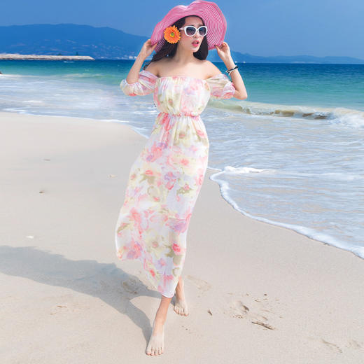 （连衣裙）。夏波西米亚一字领印花露肩收腰沙滩长裙海边度假连衣裙 商品图1
