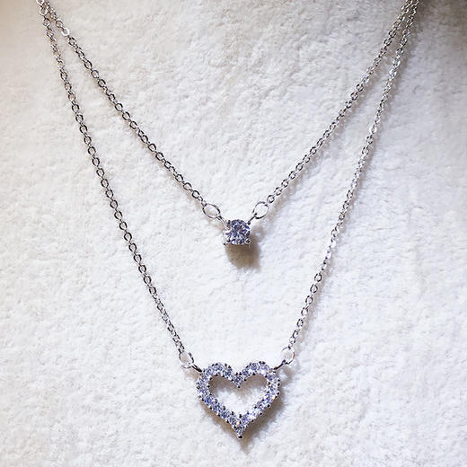 （首饰）S925纯银时尚双层爱心单钻项链日韩版潮流可爱小清新饰品 银饰 商品图2