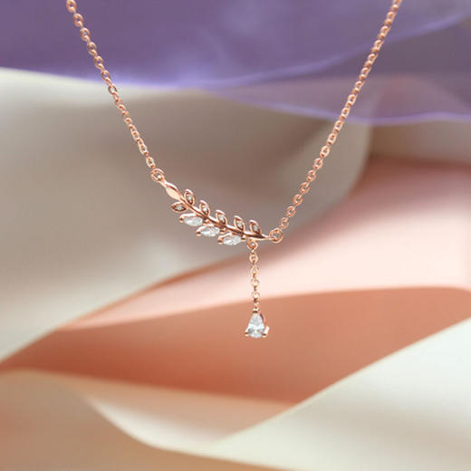 （首饰）925纯银项链 女韩版短款锁骨链树叶水滴镶钻 申敏儿叶子同款银饰 商品图0