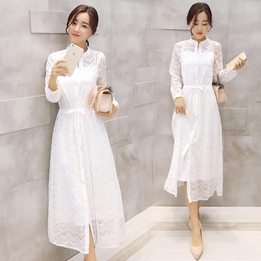 （连衣裙）早秋新款白色镂空蕾丝长裙套装修身长袖连衣裙女韩版衬衫裙两件套 商品图0
