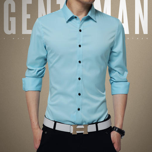 【服饰鞋包】秋季商务男士长袖衬衫韩版休闲桑蚕丝免烫大码纯棉衬衣男修身 商品图0