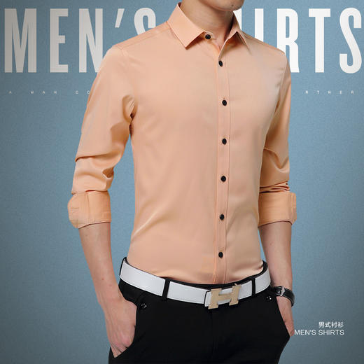 （衬衫男）。秋季男式衬衫长袖桑蚕丝商务修身型纯色青年大码时尚男装衬衣 商品图1