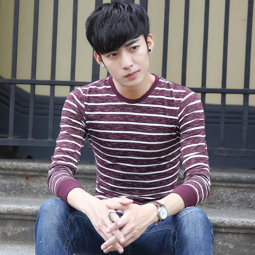 【服饰鞋包】男士长袖T恤 新款潮流时尚修身经典百搭气质透气条纹T恤男 商品图2