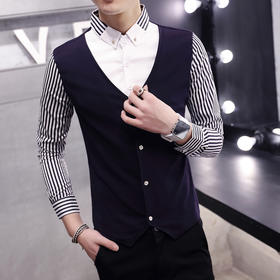 【服饰鞋包】秋季男装长袖T恤假两件套 秋季修身潮男套头透气男式长袖t恤