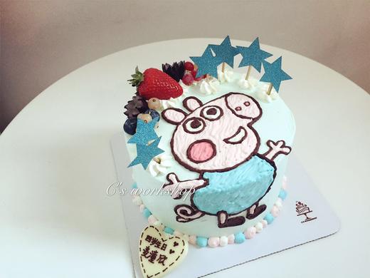 手绘小猪乔治忌廉蛋糕默认自提收费配送请联系客服