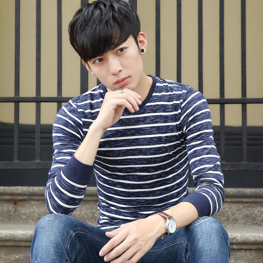 【服饰鞋包】男士长袖T恤 新款潮流时尚修身经典百搭气质透气条纹T恤男 商品图1