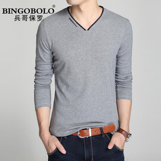 【服饰鞋包】纯色V领青年男士长袖T恤 韩版修身打底衫上衣 商品图0