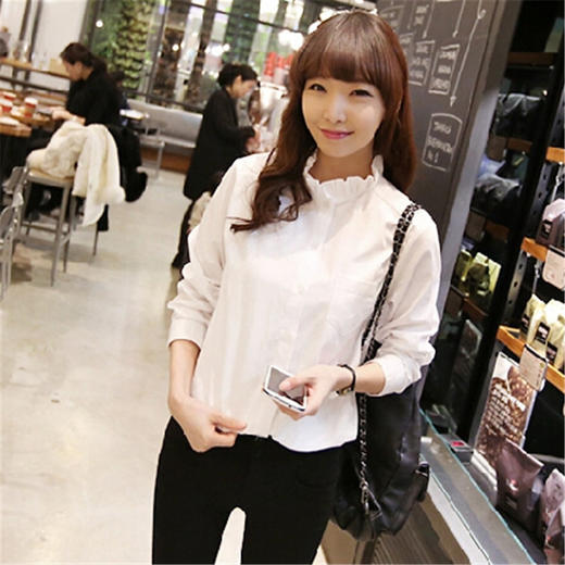 【服饰鞋包】复古宽松范花边领纯色长袖衬衫休闲百搭女士上衣潮 商品图1