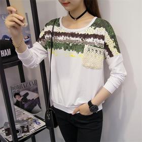 【服饰鞋包】女士上衣春秋款女士打底衫圆领上衣韩版百搭蝙蝠袖宽松印花长袖T恤女