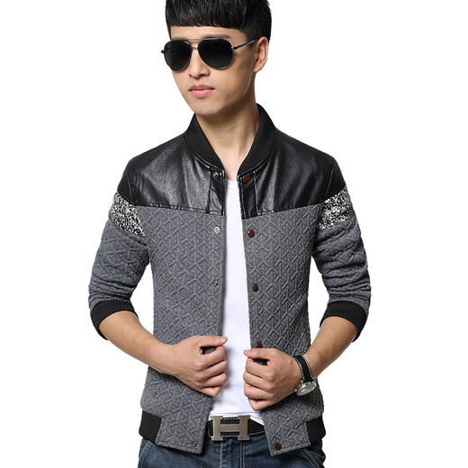 （夹克男）。男式新款青少年男士个性插皮拼接韩版修身夹克男装外套 商品图2