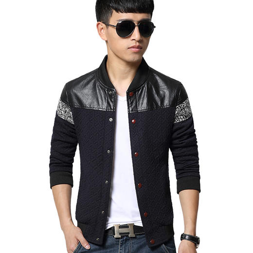 （夹克男）。男式新款青少年男士个性插皮拼接韩版修身夹克男装外套 商品图0