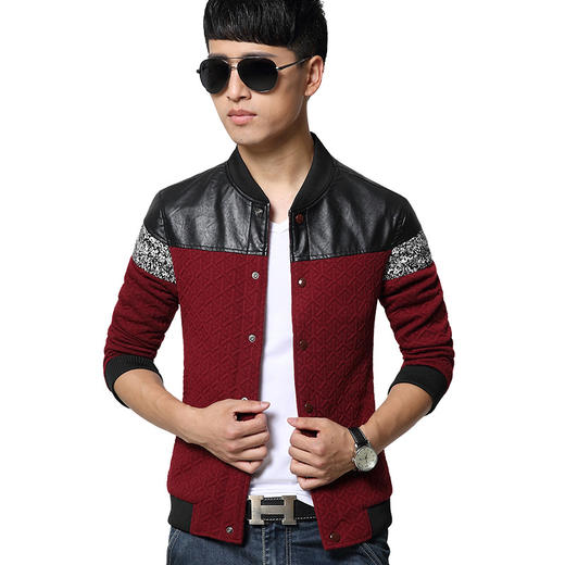 （夹克男）。男式新款青少年男士个性插皮拼接韩版修身夹克男装外套 商品图1