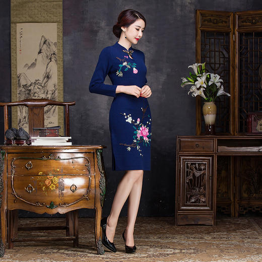 2113藏青色复古修身日常旗袍