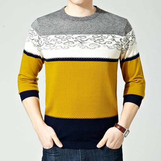 【羊毛衫男】新款男士长袖T恤针织衫上装休闲条纹圆领男装薄款打底衫 商品图3