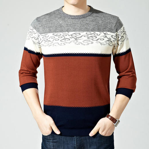 【羊毛衫男】新款男士长袖T恤针织衫上装休闲条纹圆领男装薄款打底衫 商品图2