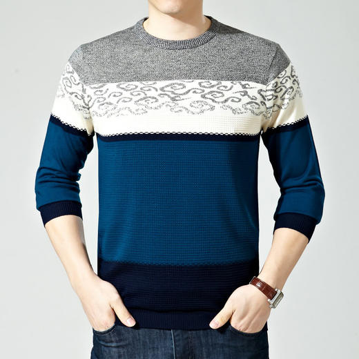 【羊毛衫男】新款男士长袖T恤针织衫上装休闲条纹圆领男装薄款打底衫 商品图1