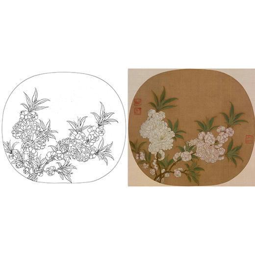 宋画花鸟白描底稿宋佚名碧桃图桃花小品x016